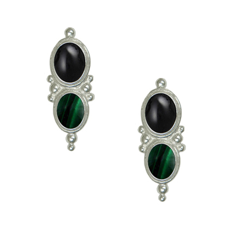 Sterling Silver Drop Dangle Earrings With Black Onyx And Malachite